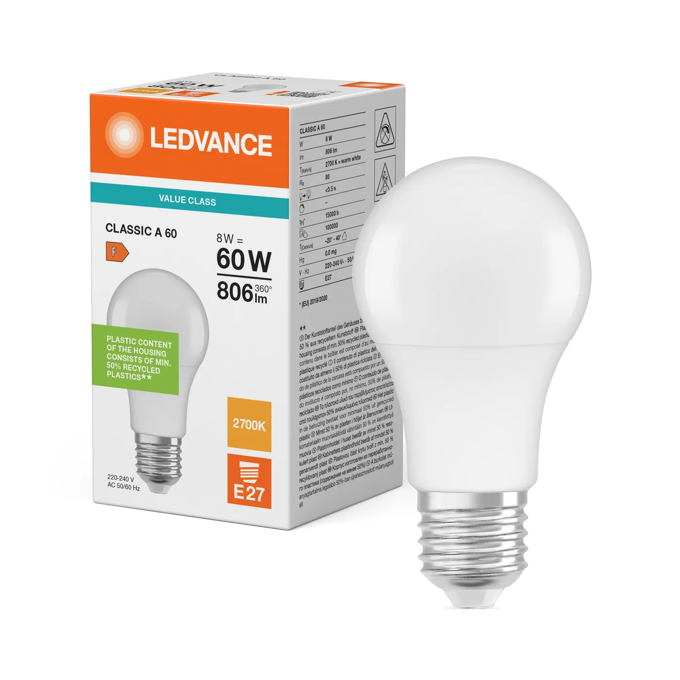 LEDVANCE LED CLASSIC A 60 V 8 W/2700 K E27 Frosted, 3-piece set