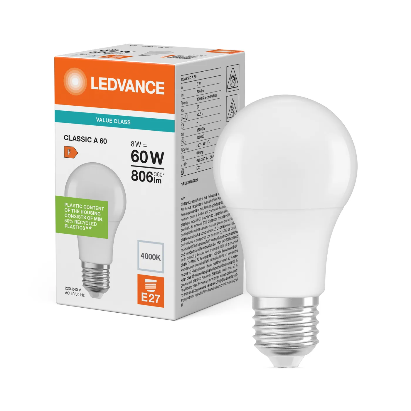 LEDVANCE LED CLASSIC A 60 V 8 W/4000 K E27 Frosted, 3-piece set