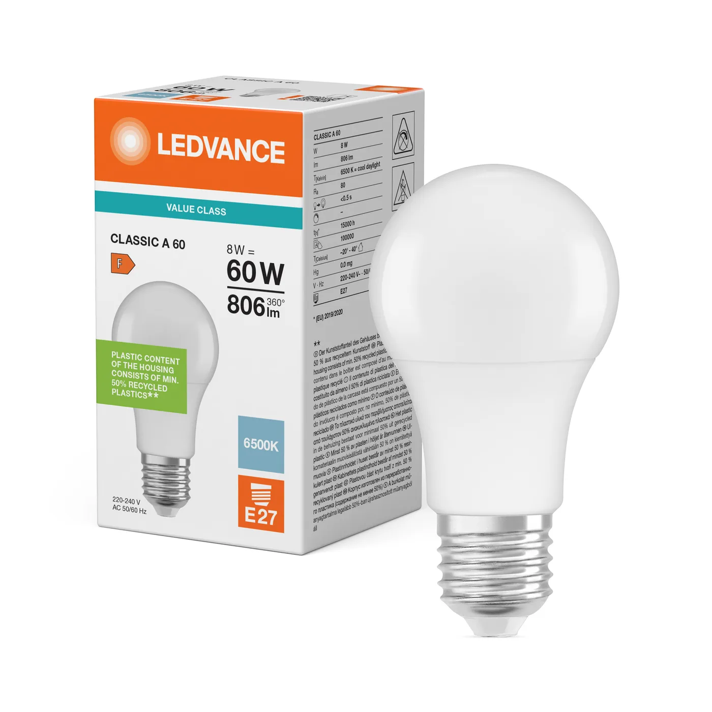 LEDVANCE LED CLASSIC A 60 V 8 W/6500 K E27 Frosted, 10-piece pack