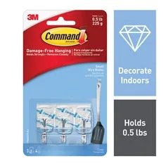 3M Command Small Clear Wire Hooks 17067CLR, 3 Hooks and 4 Strips
